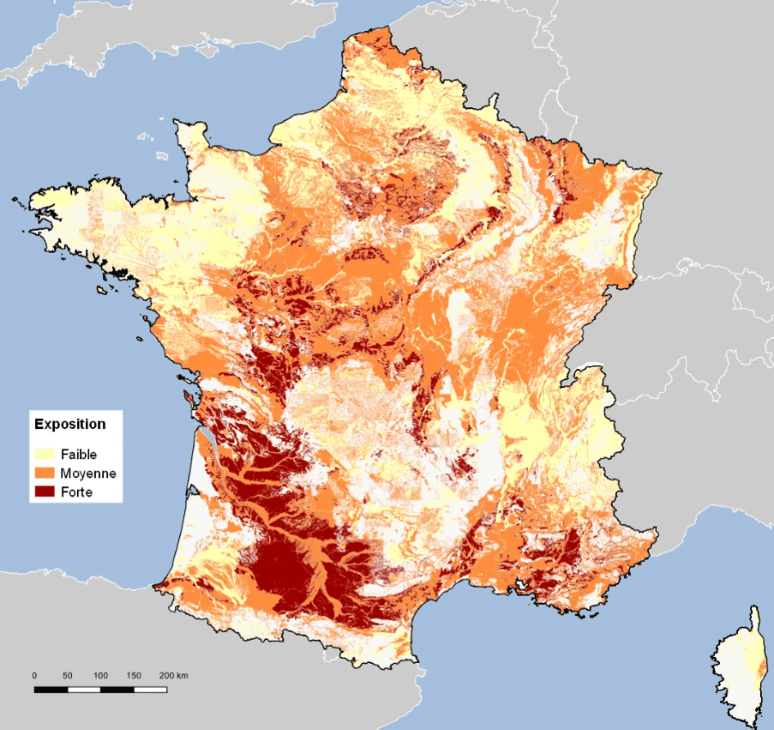 Carte de France de l'exposition au retrait-gonflement des argiles avec sa légende, version 2020